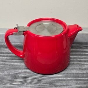 FORLIFE Stump Teapot Red Ceramic with Stainless Steel Infuser and Hinged Lid
